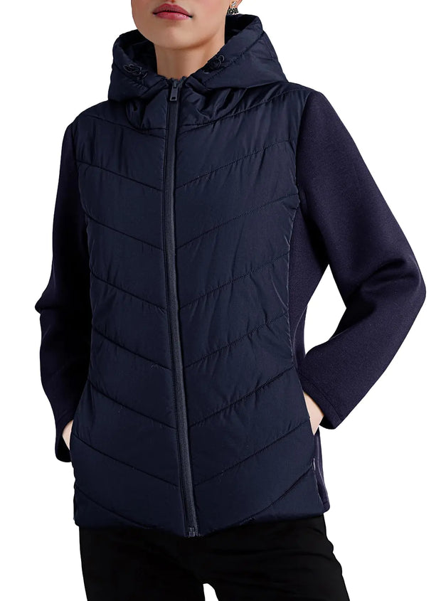 Dokotoo Women's Warm Quilted Lightweight Puffer Jacket Slim Fit Elasticity Patchwork Casual Hooded Puffer Coat Navy Blue XX-Large